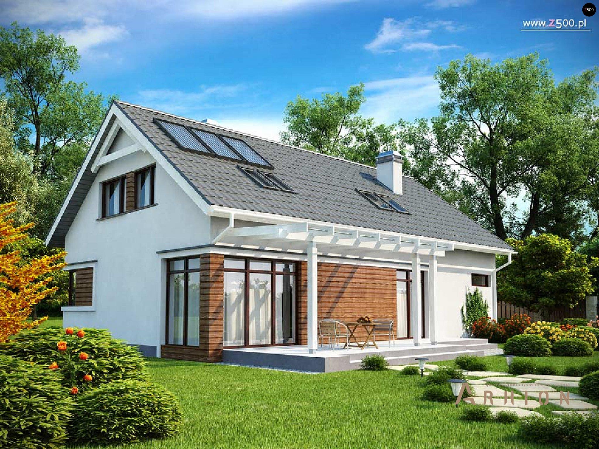 2. Проект одноэтажного дома в альпийском стиле с двускатной кровлей, Z122 v2, площадью - 189 кв c мансардой, терассой, гаражом